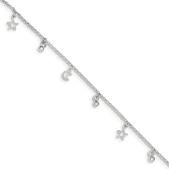 Sterling Silver 1.5mm Rolo Chain Moon, Star And Bead Anklet, 9-10 Inch - Picture 1 of 4